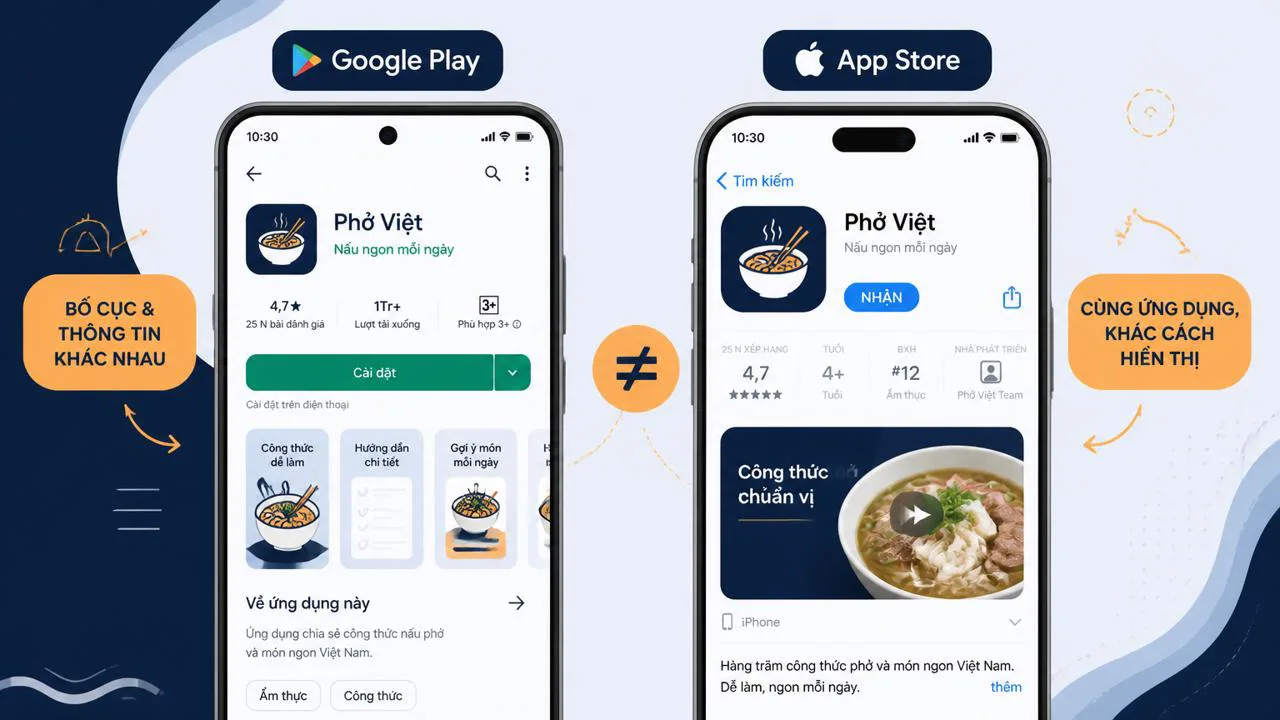 So sánh hiển thị mô tả giữa Google Play và App Store