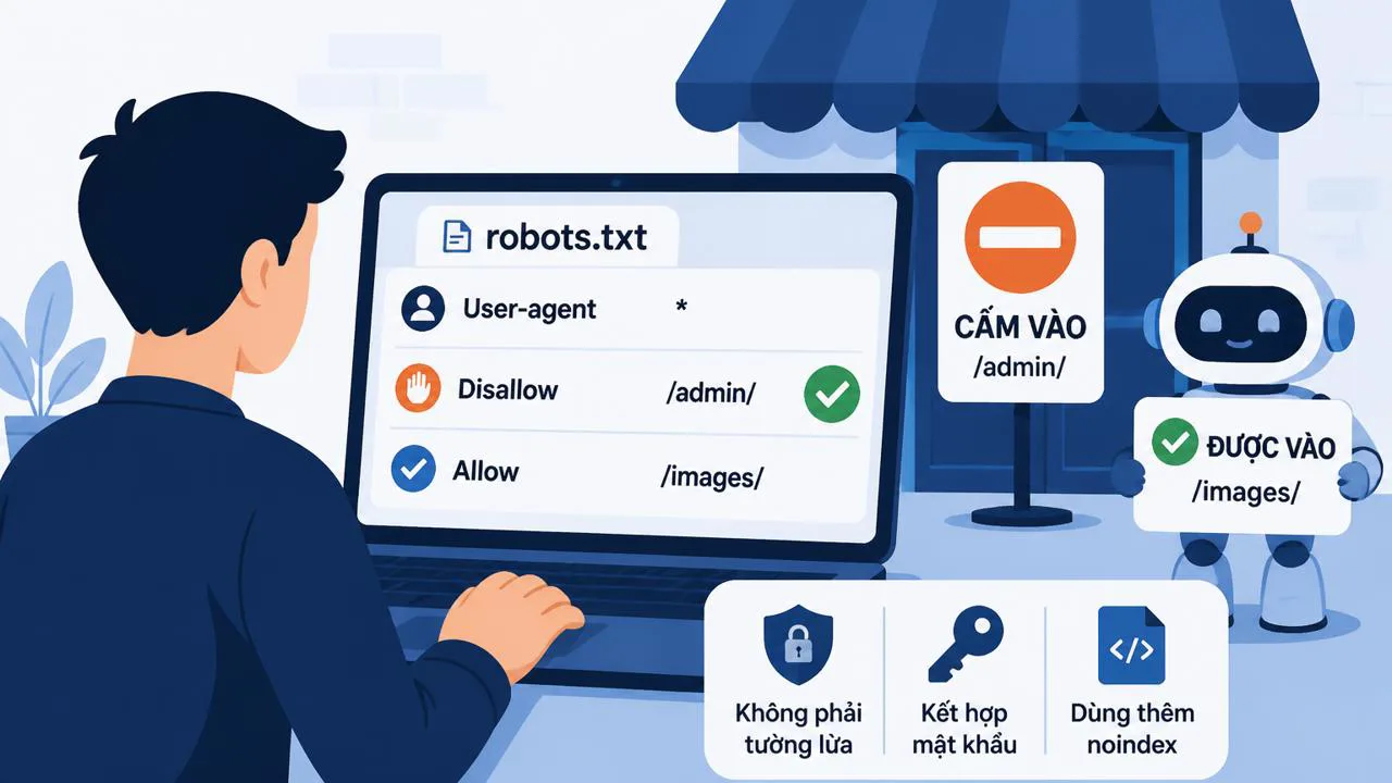 Minh họa người dùng đang kiểm tra tệp robots.txt trên laptop