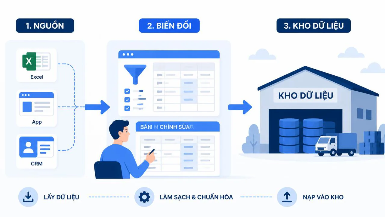 Sơ đồ ba bước ETL từ nguồn đến kho dữ liệu