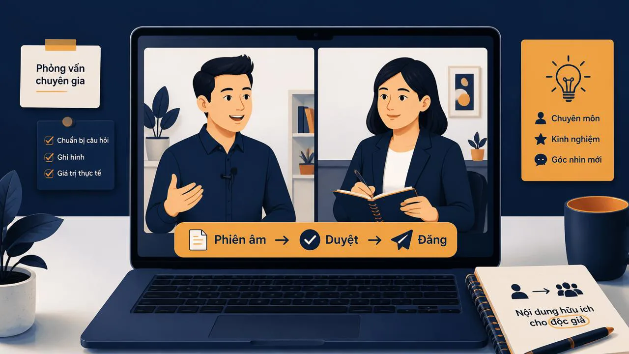 Phỏng vấn influencer qua video call với micro và sổ ghi chú