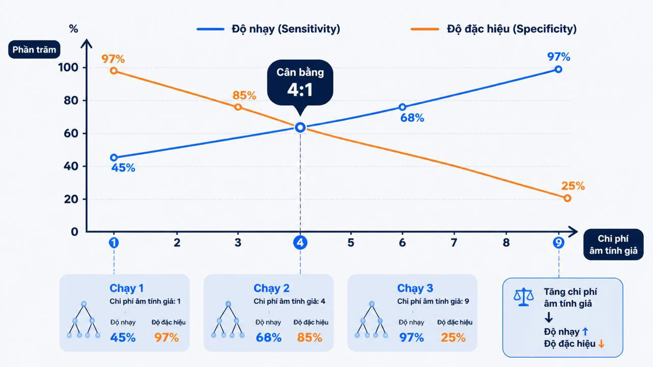 Biểu đồ trade-off giữa sensitivity và specificity qua 3 lần chạy