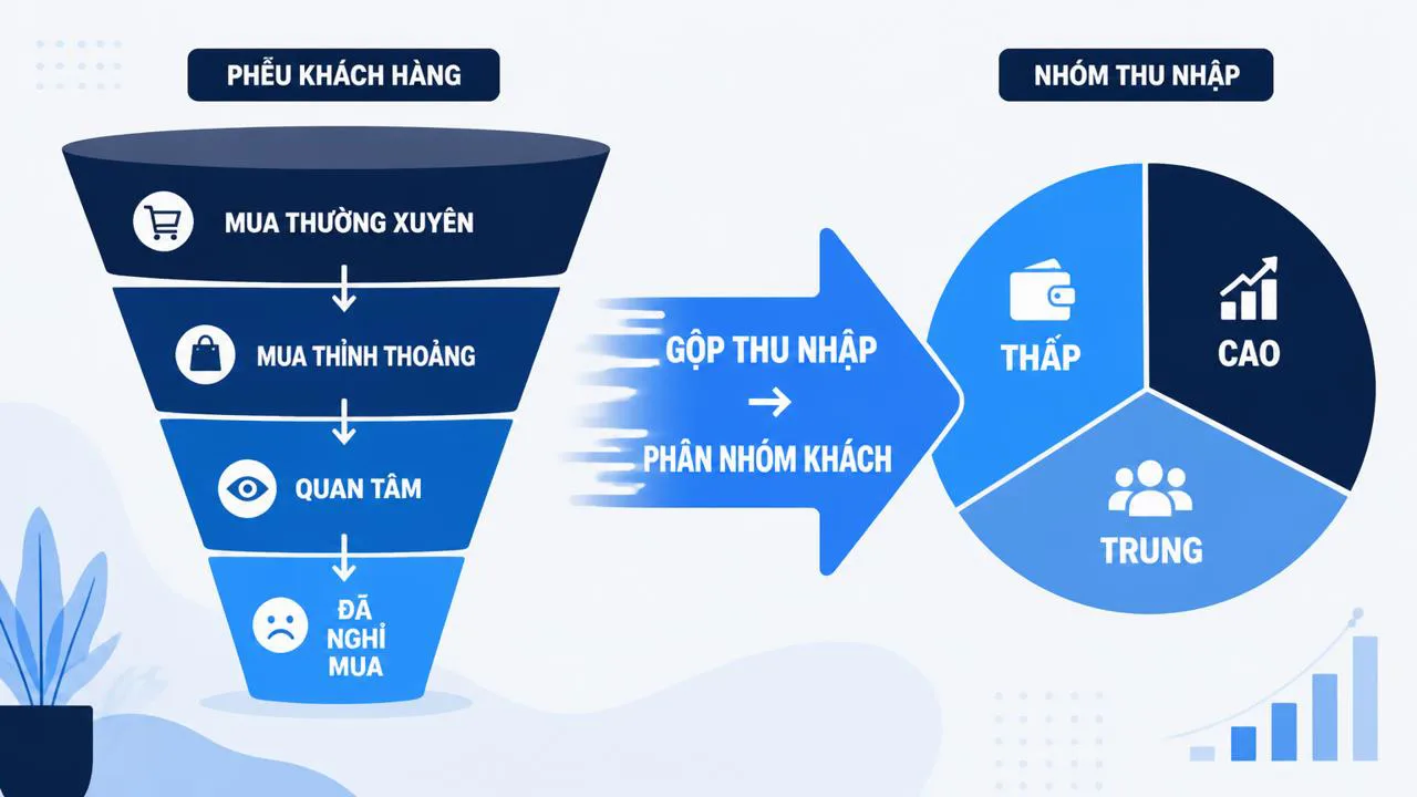 Minh họa biến đổi dữ liệu gộp thu nhập thành nhóm khách hàng