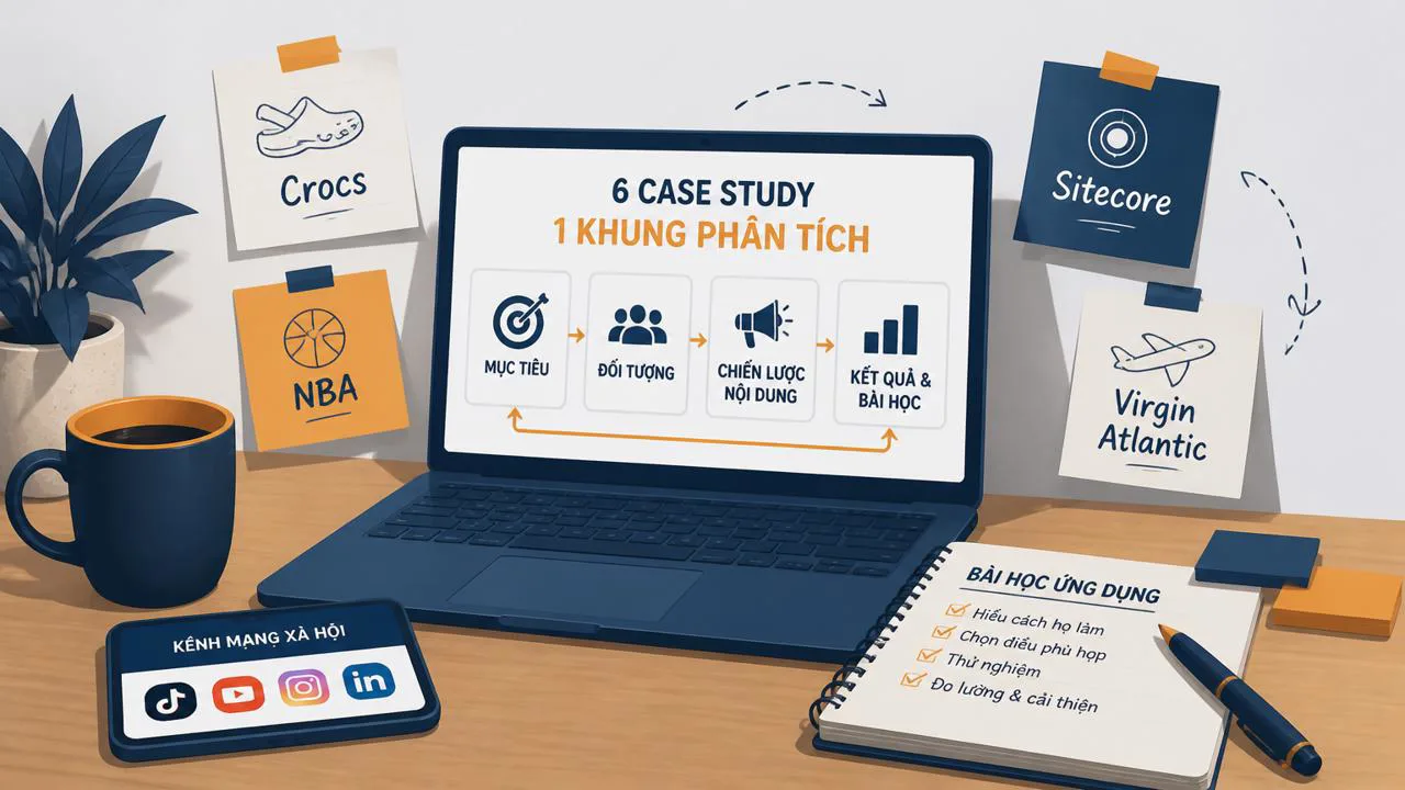 Bàn làm việc với sổ tay ghi chú các case study truyền thông