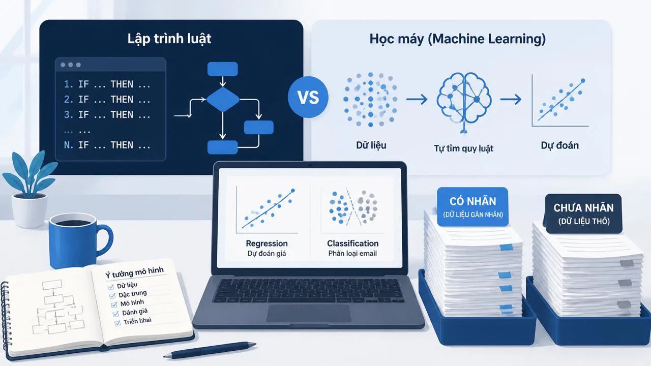 Minh họa phần mềm truyền thống viết luật vs machine learning học từ dữ liệu