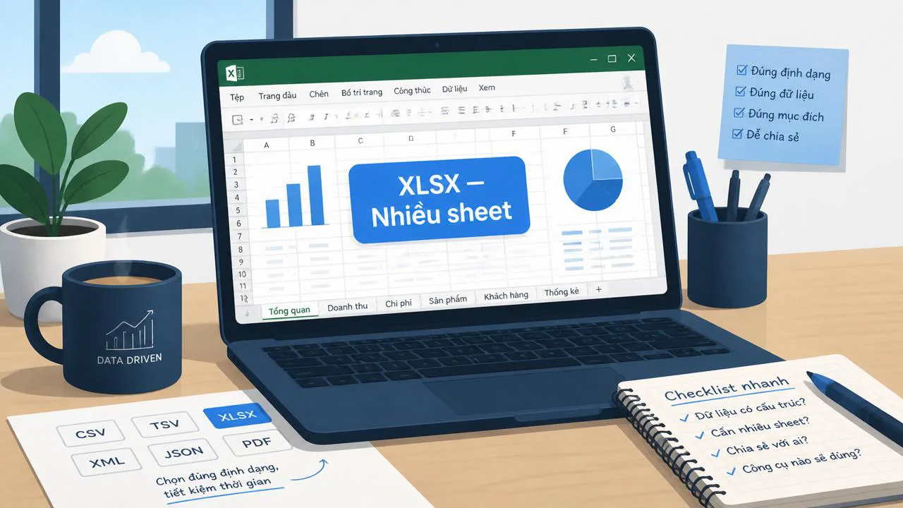 Bàn làm việc với laptop mở bảng tính XLSX nhiều sheet.