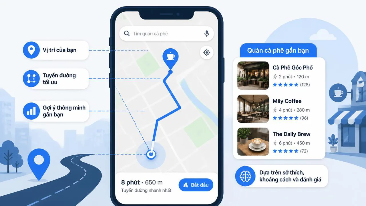 Bản đồ gợi ý quán cà phê gần bạn