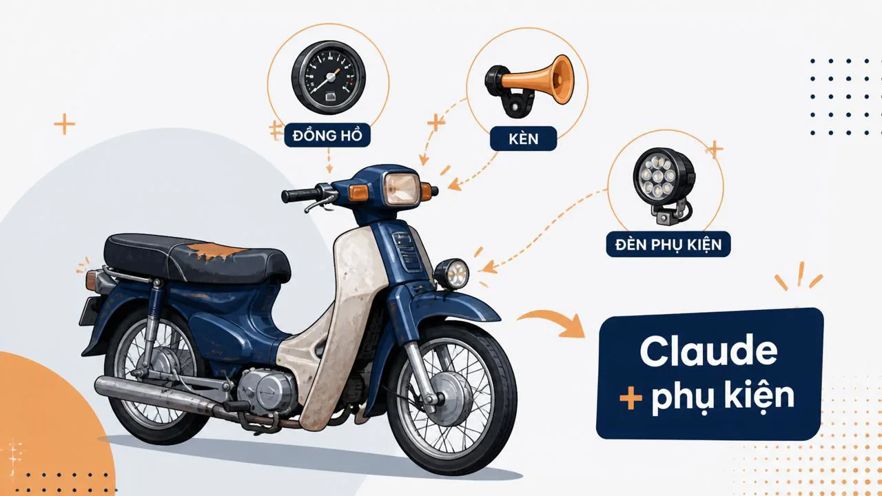 Xe máy lắp thêm phụ kiện minh họa cho plugin Claude