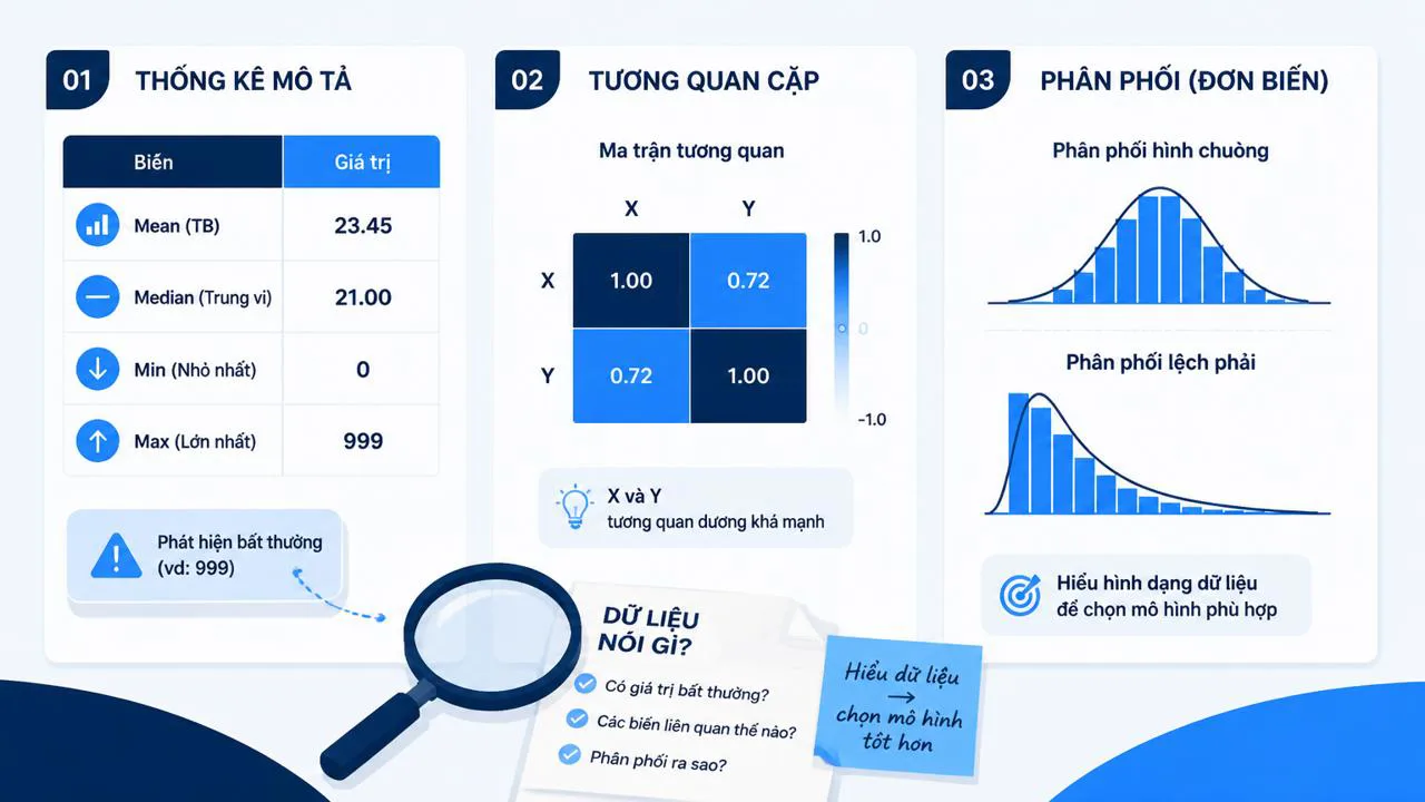 Ba góc nhìn thống kê đơn biến tương quan cặp và histogram