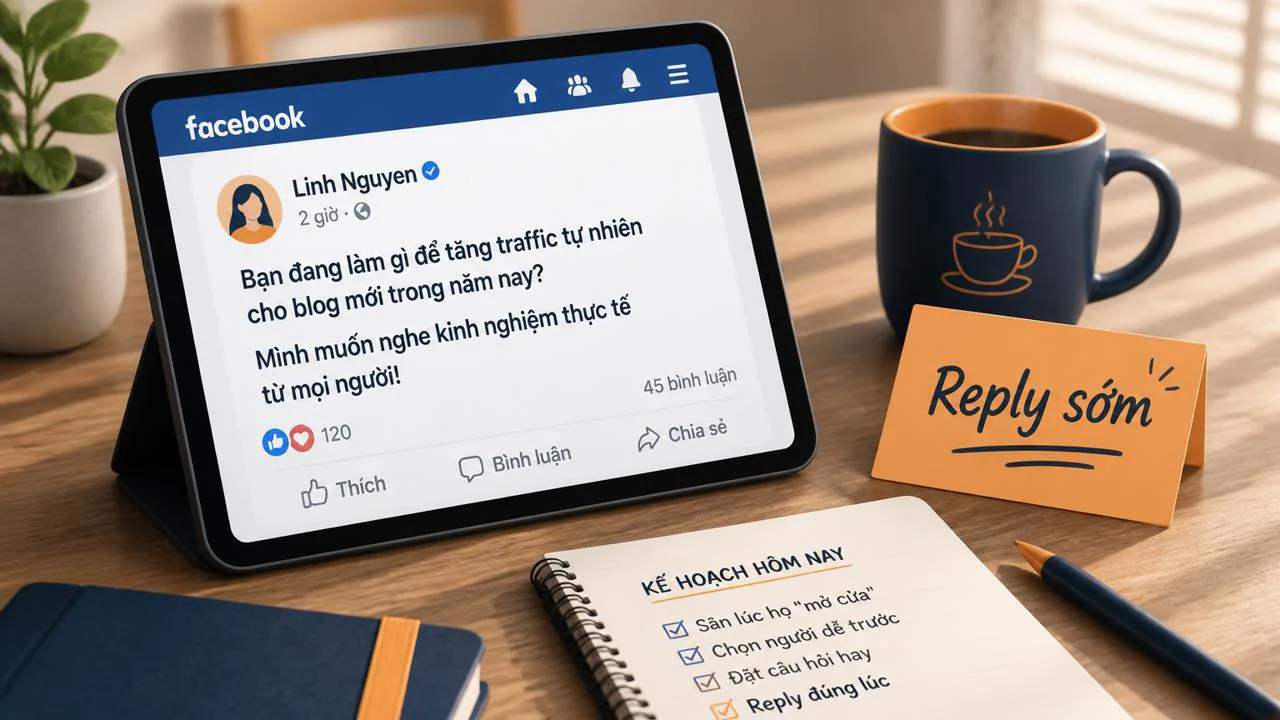 Bàn làm việc với màn hình mở Facebook tìm câu hỏi của influencer