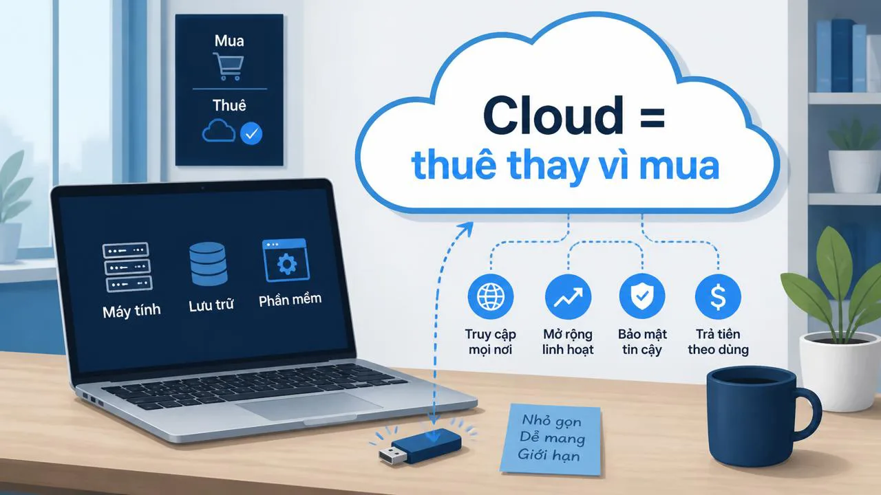 Bàn làm việc với laptop, USB và biểu tượng đám mây