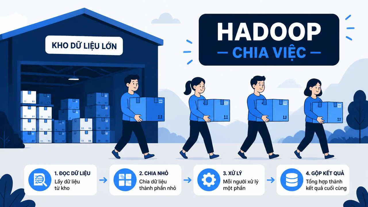 Minh họa nhiều người chia nhau khiêng hàng như Hadoop