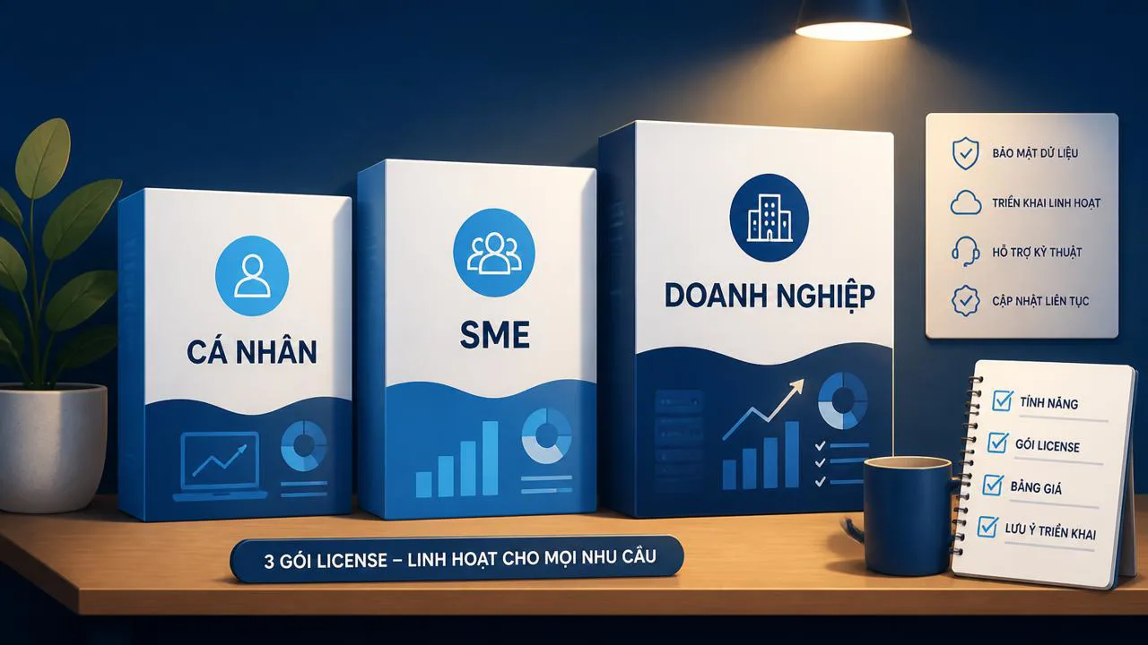 Ba gói license phần mềm xếp trên kệ