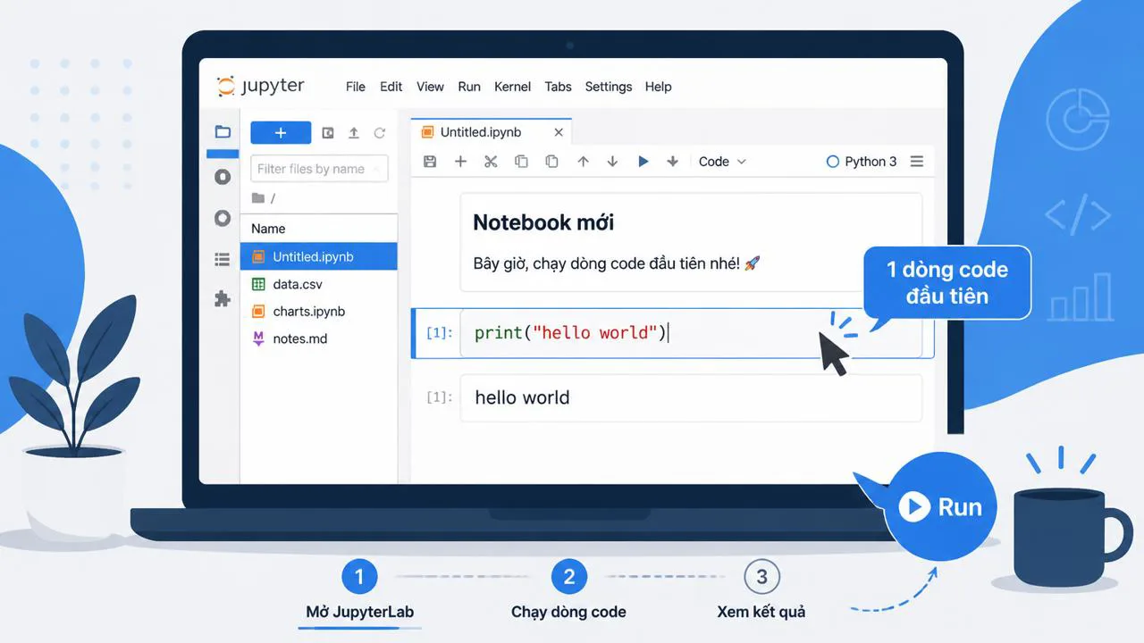 Màn hình JupyterLab với notebook mới và dòng code đầu tiên