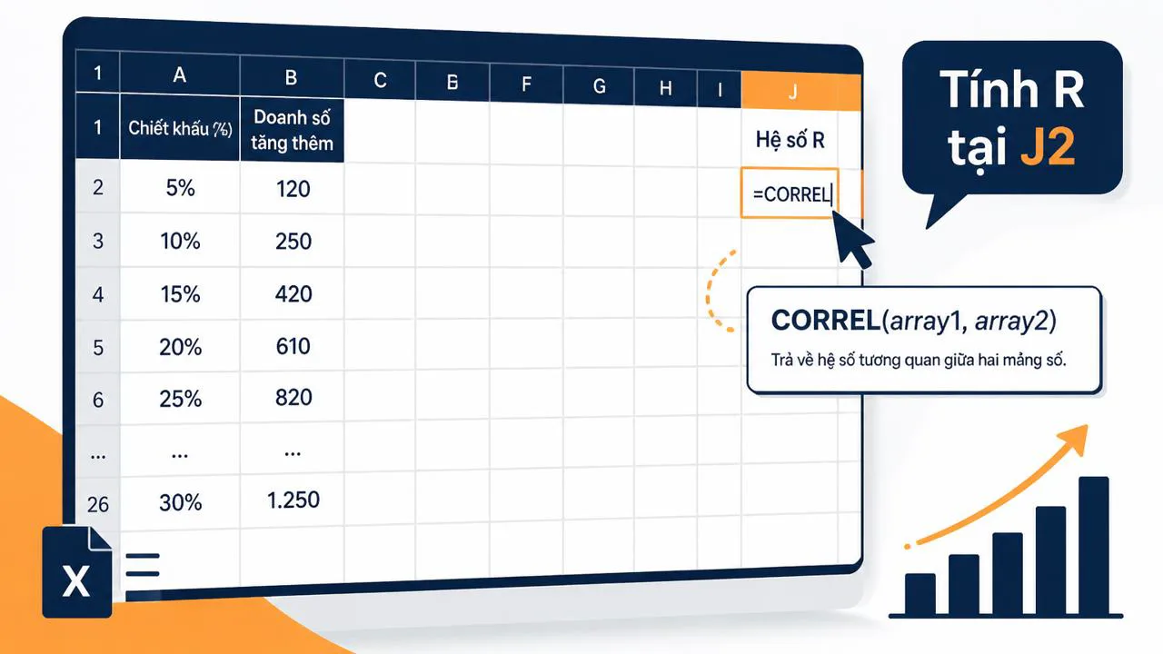 Bảng Excel minh họa chọn ô J2 để ghi kết quả CORREL