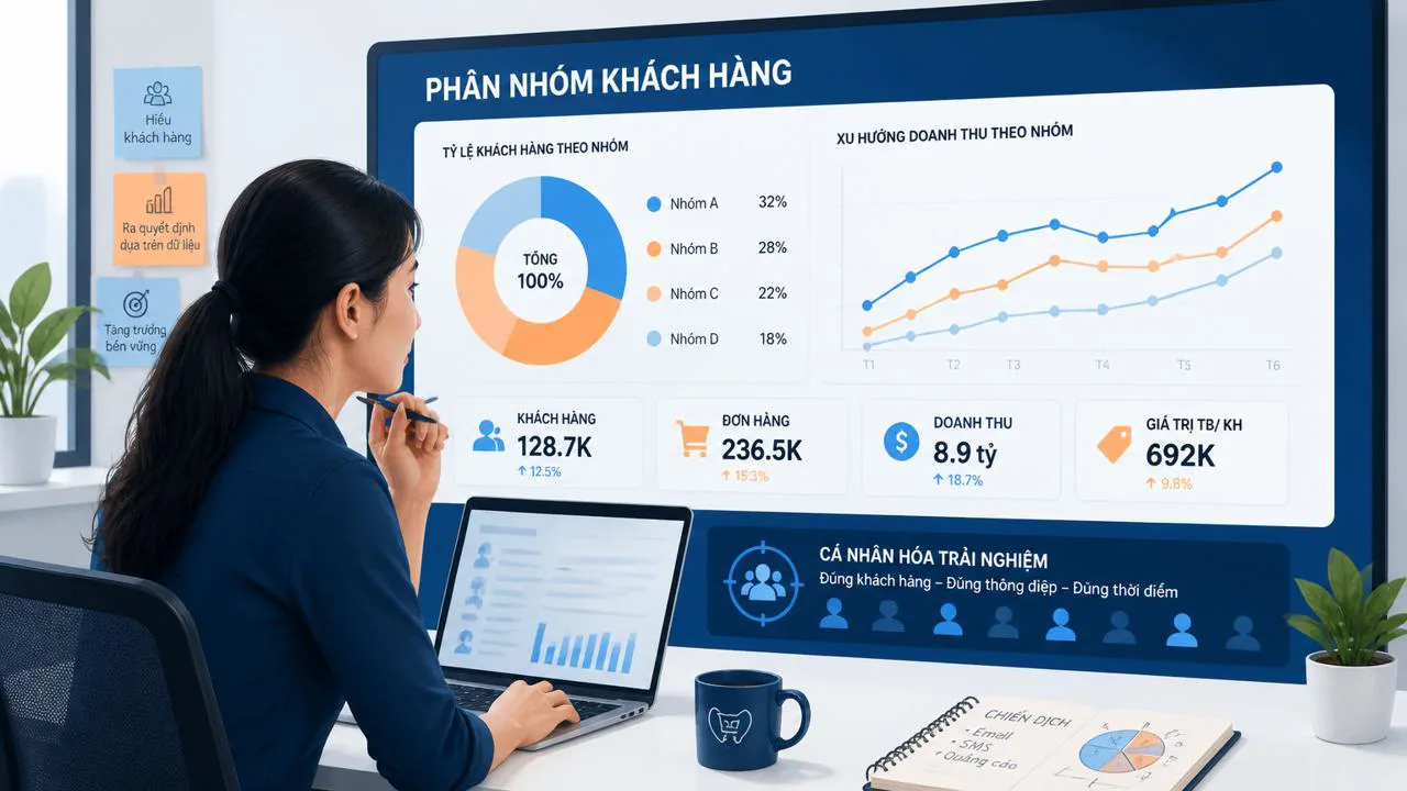 Nhân viên marketing xem dashboard phân nhóm khách hàng