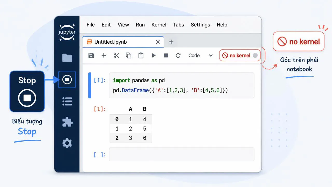 Sidebar JupyterLab với nút Stop và trạng thái no kernel