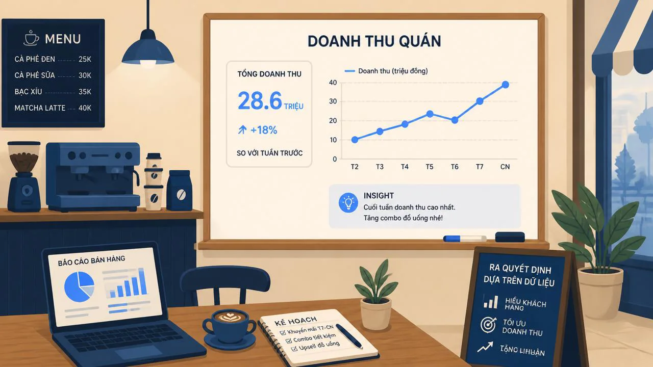 Quán cà phè nhỏ ở Việt Nam ghi chép số liệu bán hàng