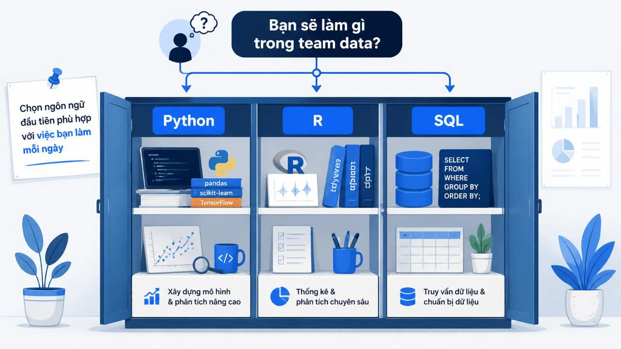 Minh họa ba ngăn tủ đại diện cho ba ngôn ngữ nền tảng