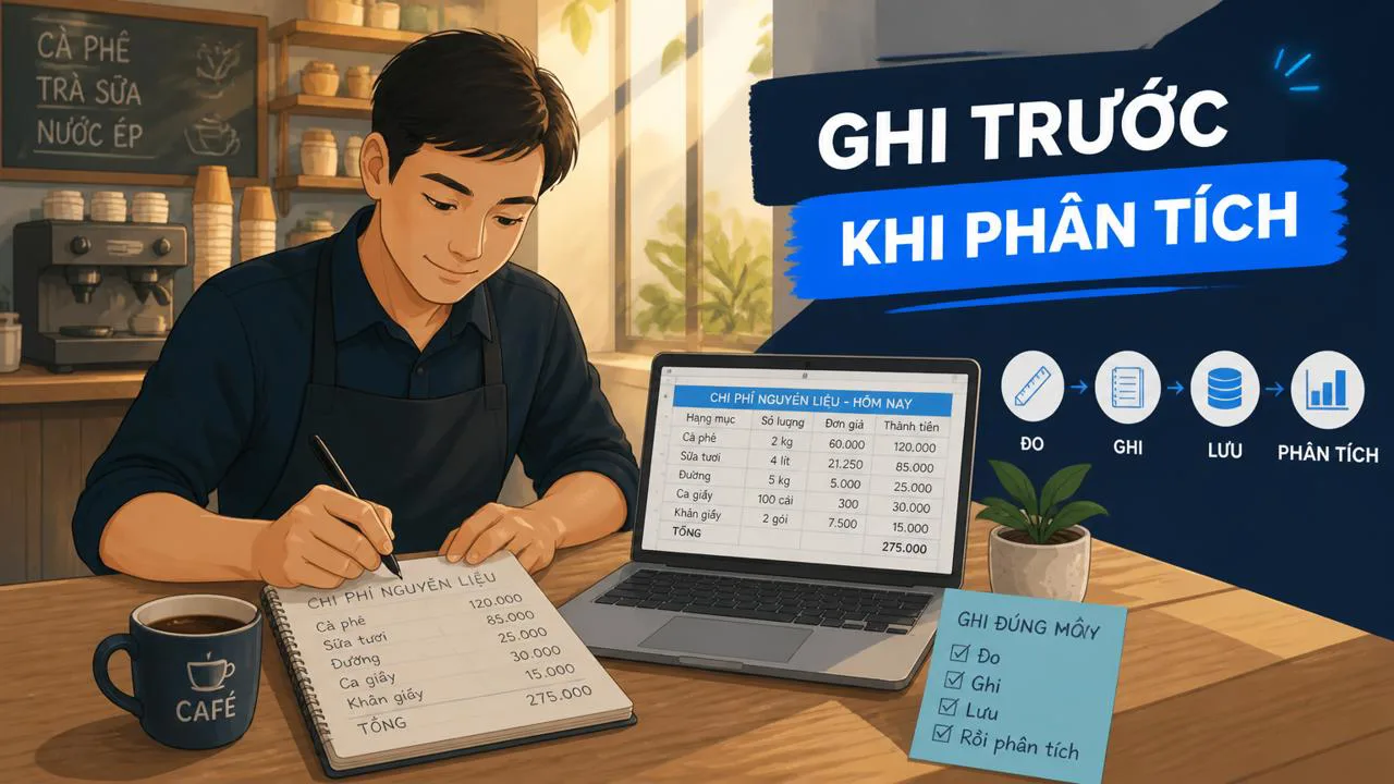 Chủ quán cà phê ghi chi phí nguyên liệu hằng ngày trong sổ và bảng tính