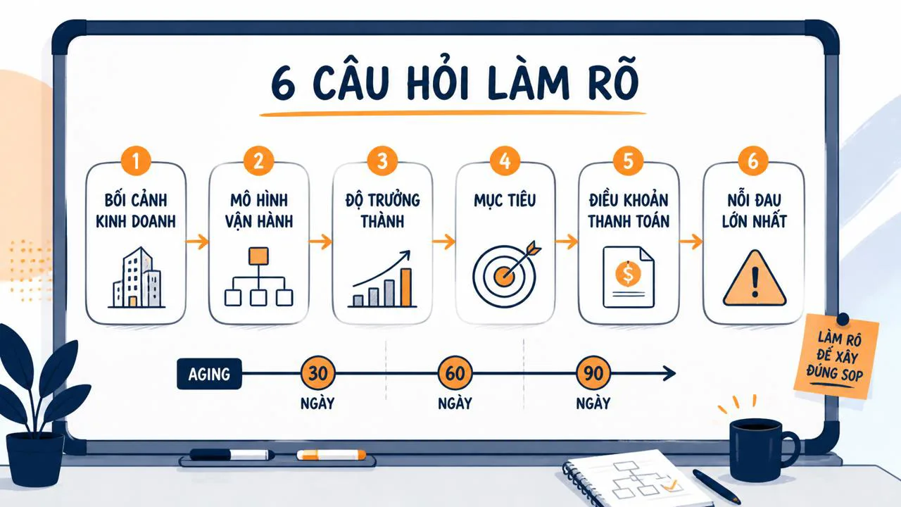 Sơ đồ sáu câu hỏi của plugin Operations để làm rõ quy trình thu nợ