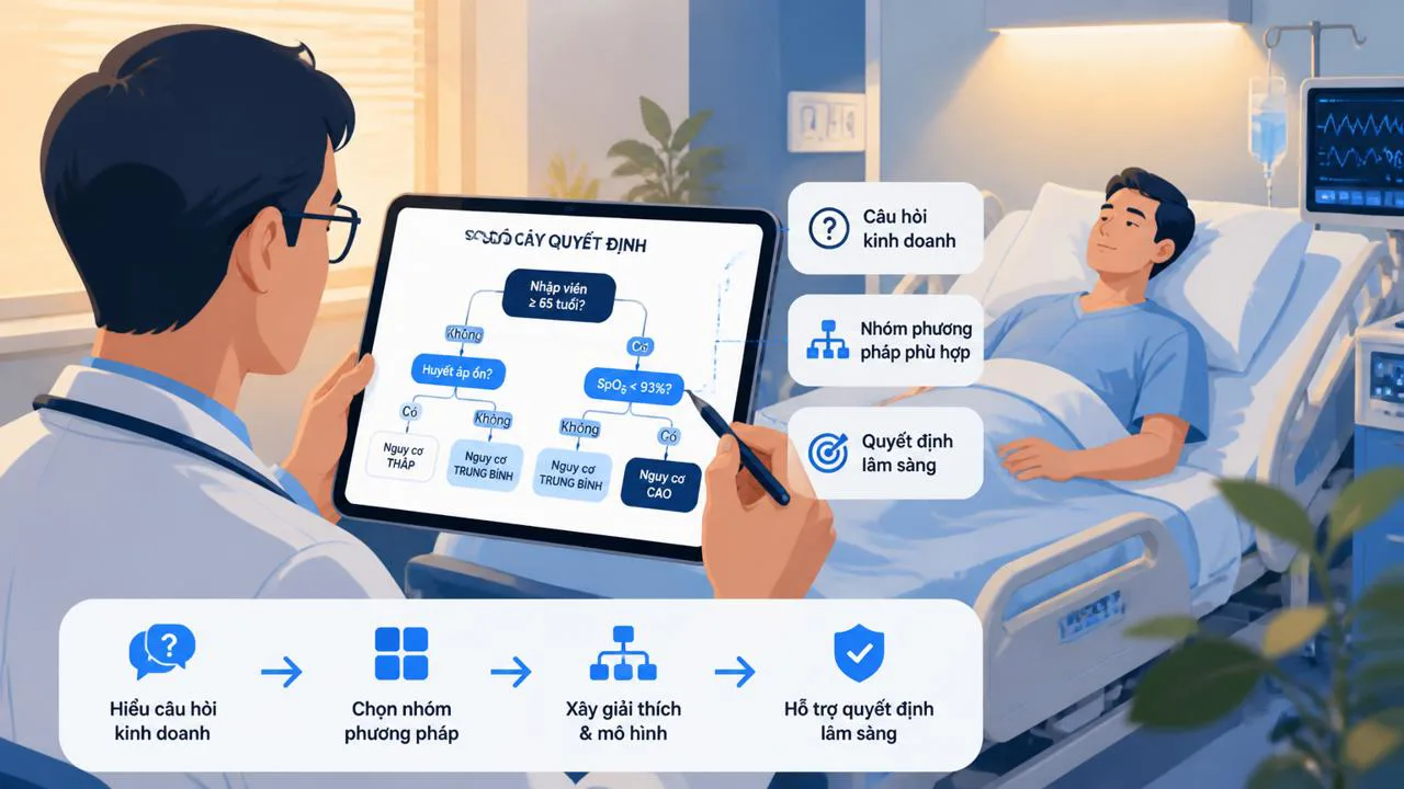 Bác sĩ xem sơ đồ cây quyết định trong bệnh viện