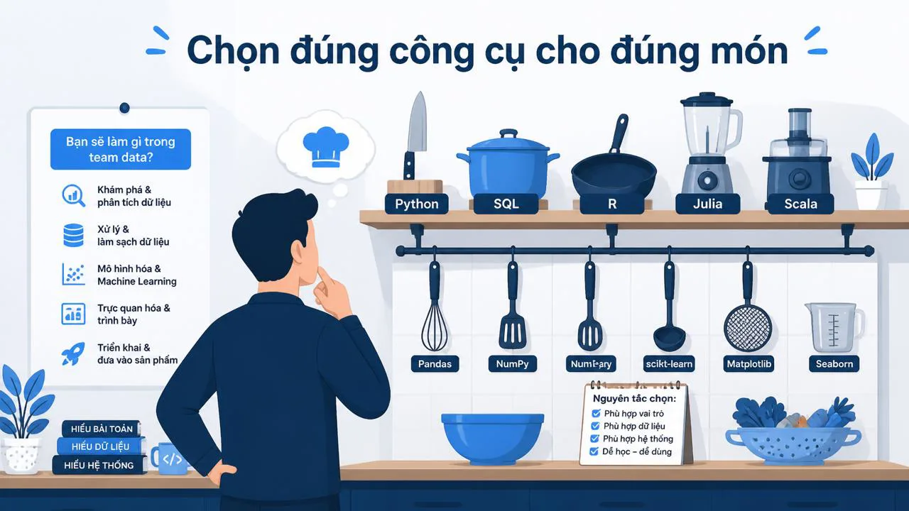 Minh họa người chọn công cụ trong bếp đại diện cho việc chọn ngôn ngữ