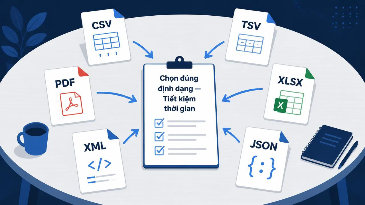 Bàn làm việc với sáu định dạng file xếp quanh checklist chọn định dạng.