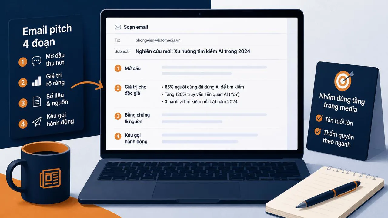 Soạn email pitch trên laptop với cấu trúc 4 đoạn