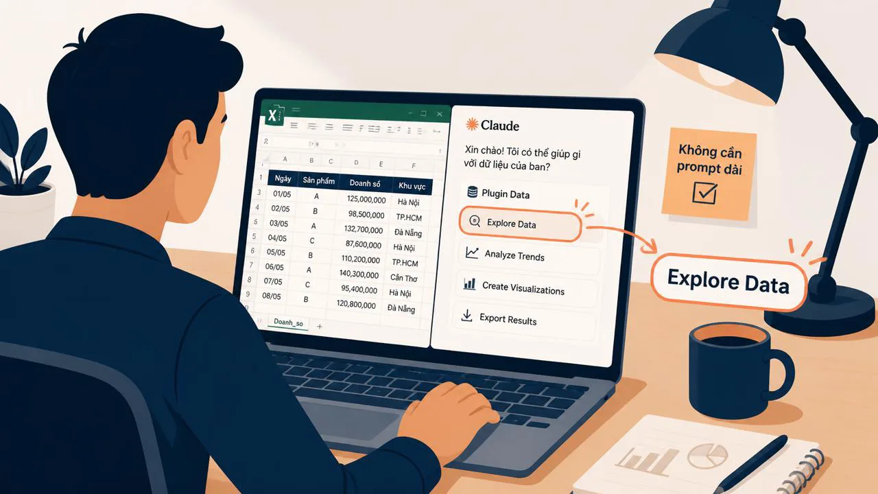 Người dùng bấm lệnh Explore Data trong Claude để phân tích Excel