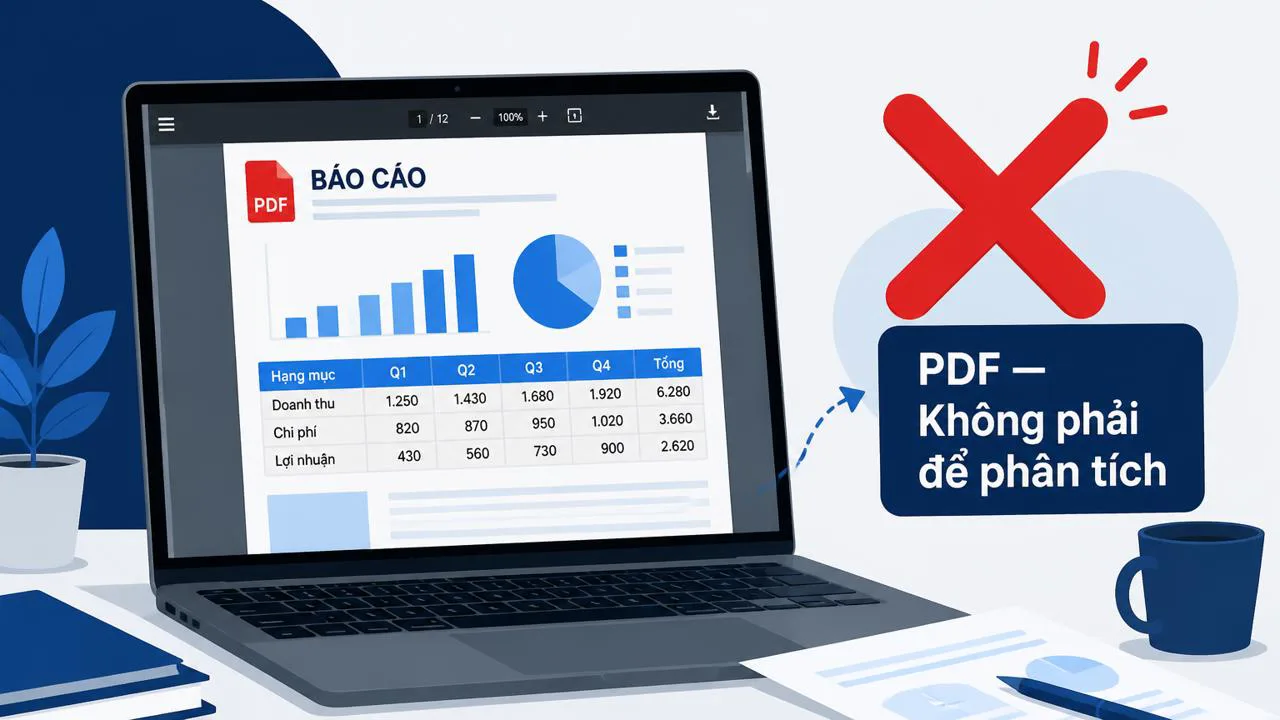 Báo cáo PDF mở trên laptop với dấu X cảnh báo không phù hợp để phân tích.