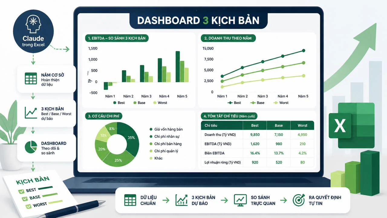Dashboard Excel so sánh 3 kịch bản tài chính