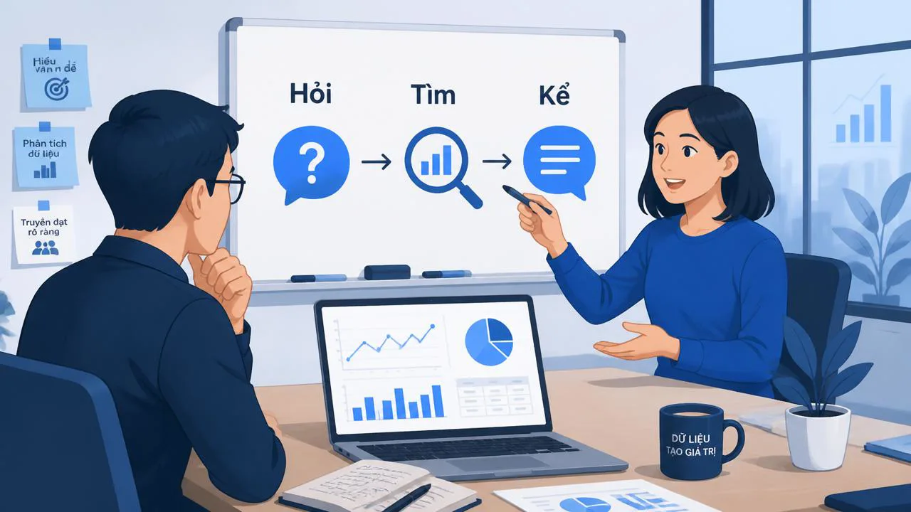 Bàn làm việc data scientist với bảng số liệu