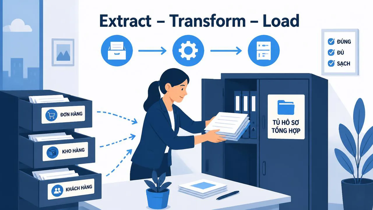 Minh họa ETL qua hình ảnh thư ký xếp giấy tờ vào tủ chung