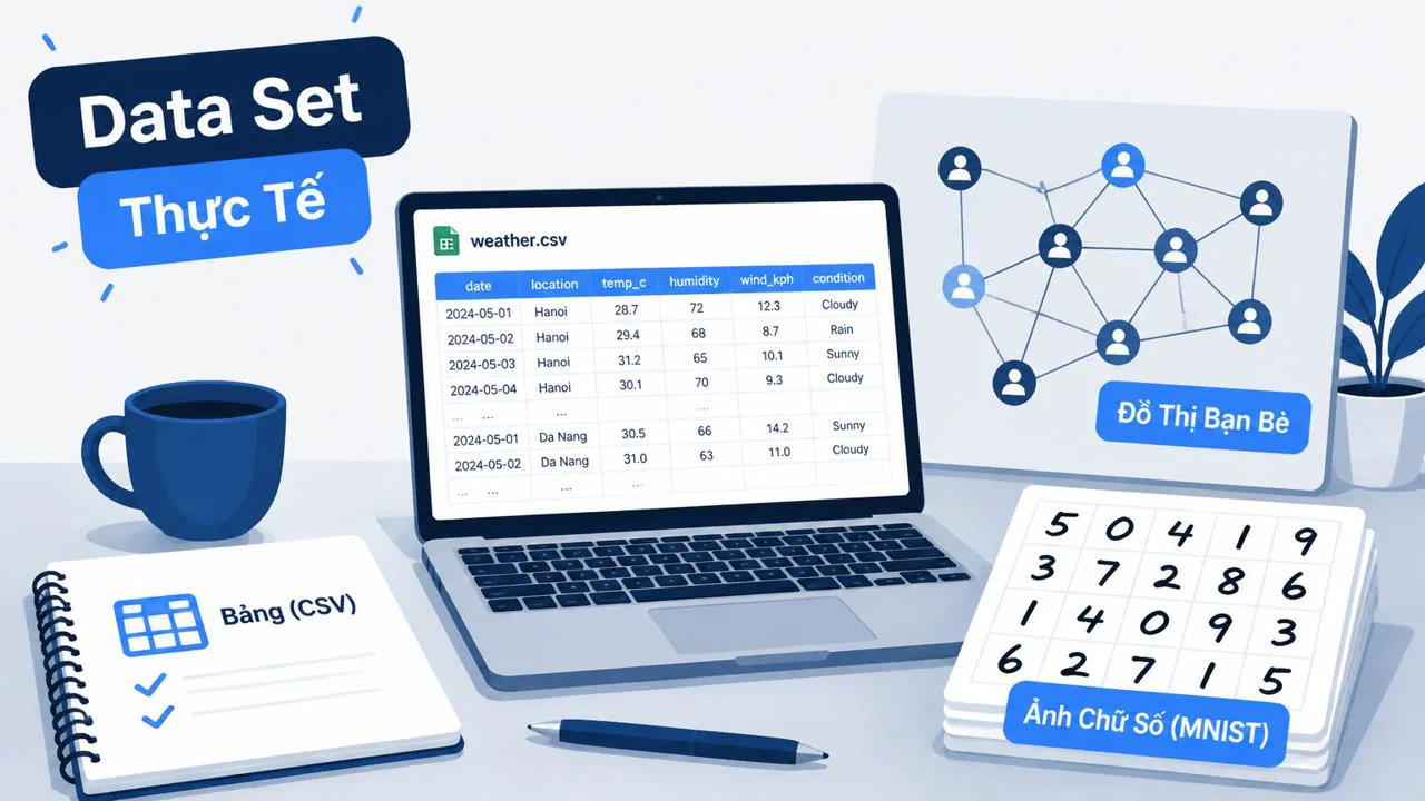 Ví dụ data set thực tế: bảng thời tiết, ảnh chữ số, mạng bạn bè