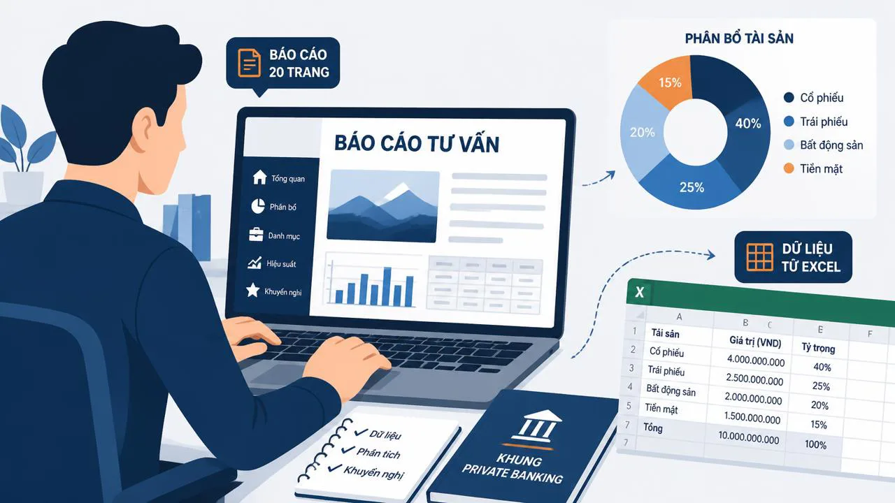 Người dùng tạo báo cáo tư vấn tài sản trên laptop