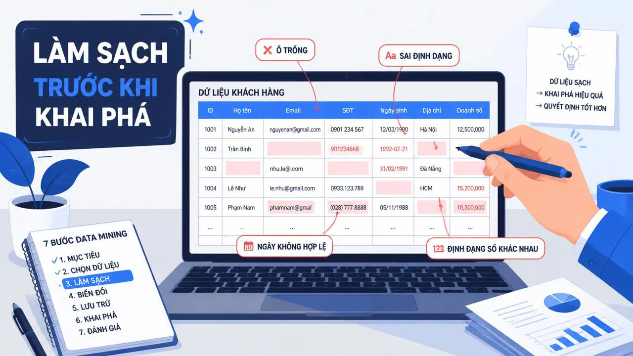 Minh họa công đoạn làm sạch dữ liệu khách hàng trên Excel