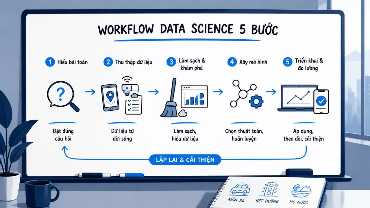 Workflow 5 bước data science minh họa trên bảng trắng
