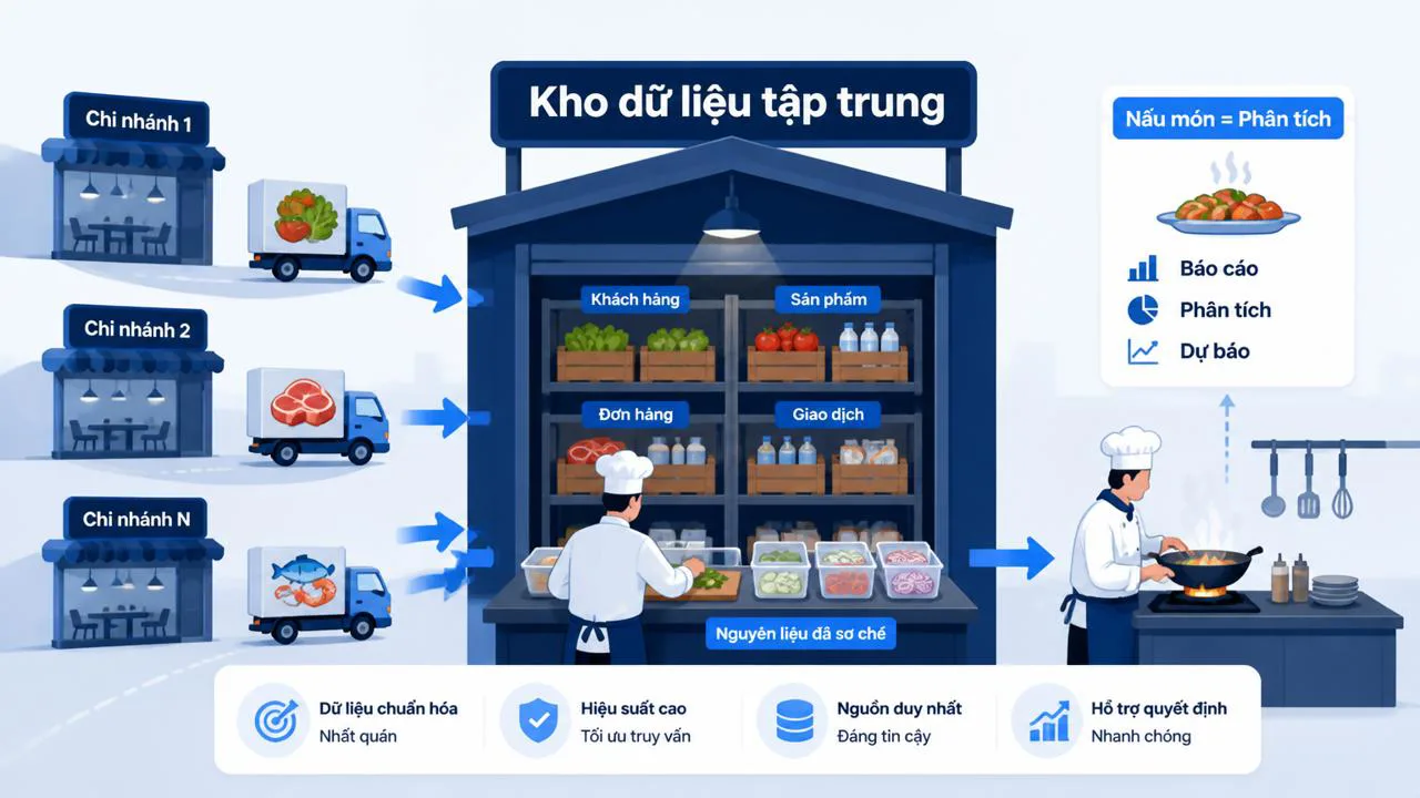 Sơ đồ minh hoạ Data Warehouse như bếp trung tâm