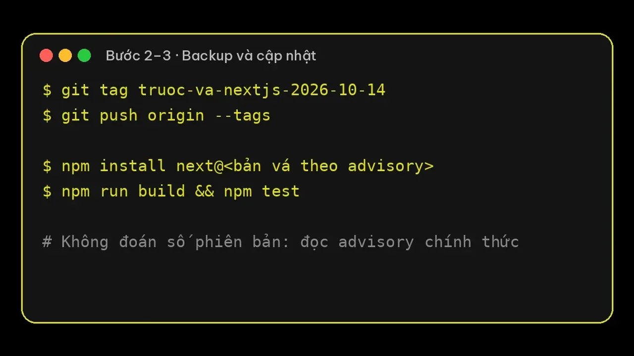 Terminal minh hoạ lệnh tạo git tag backup, cài bản vá Next.js, build và test