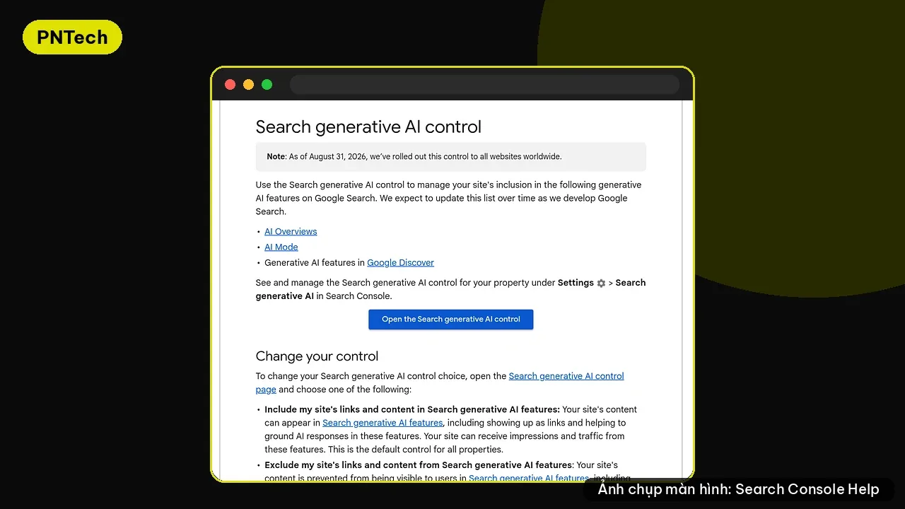 Trang trợ giúp Search Console về cài đặt Search generative AI control với lựa chọn Include, Exclude, Inherit