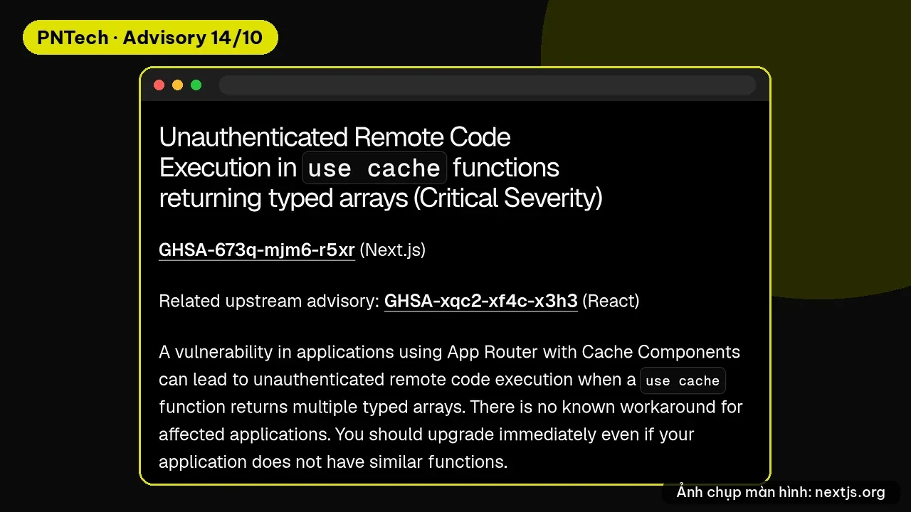 Ảnh chụp mục mô tả lỗi RCE trong hàm use cache trên blog bảo mật Next.js ngày 14/10/2026