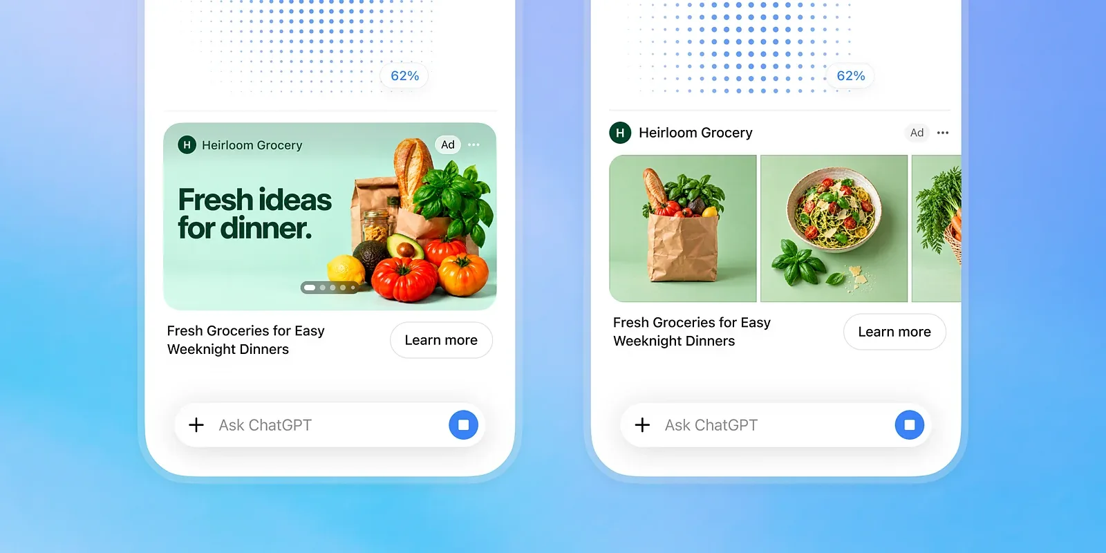 Mẫu quảng cáo hình ảnh trong ChatGPT do OpenAI công bố, có nhãn Ad và nút Learn more