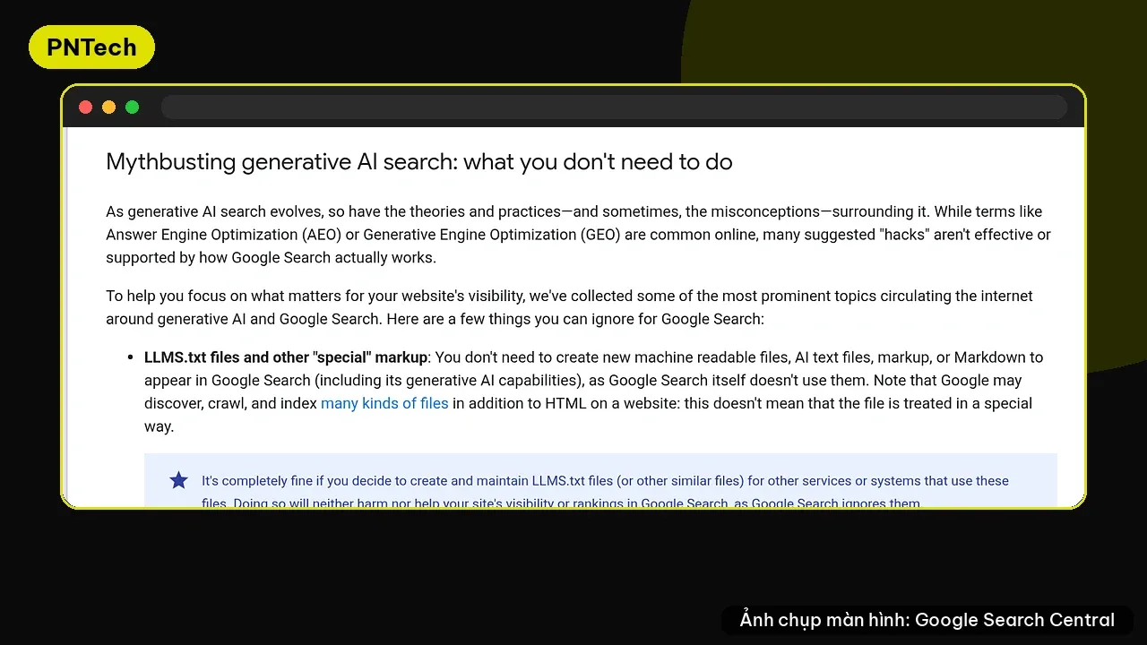 Mục Mythbusting trong hướng dẫn của Google: những việc không cần làm cho tìm kiếm AI tạo sinh