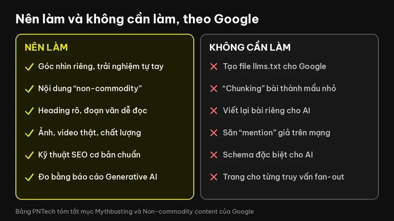 Bảng so sánh nên làm và không cần làm để xuất hiện trong AI Overviews theo Google