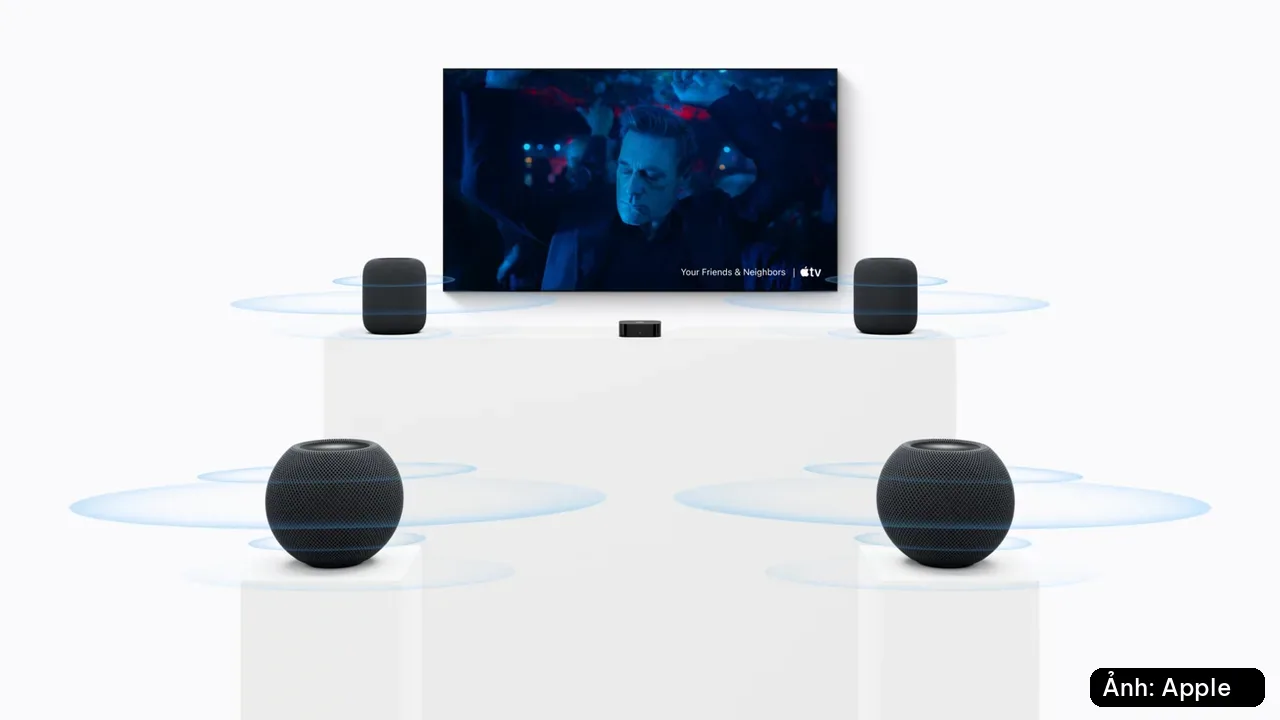 Apple TV 4K ghép với bốn loa HomePod mini 2 tạo âm thanh vòm trong phòng khách