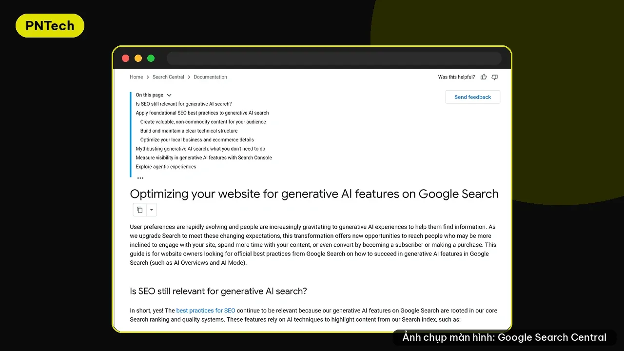 Trang hướng dẫn chính thức của Google về tối ưu website cho tính năng AI tạo sinh trên Google Search