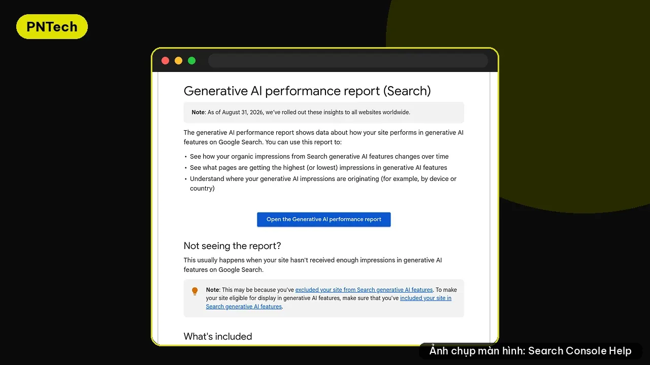 Trang trợ giúp Search Console về báo cáo Generative AI performance cho Google Search