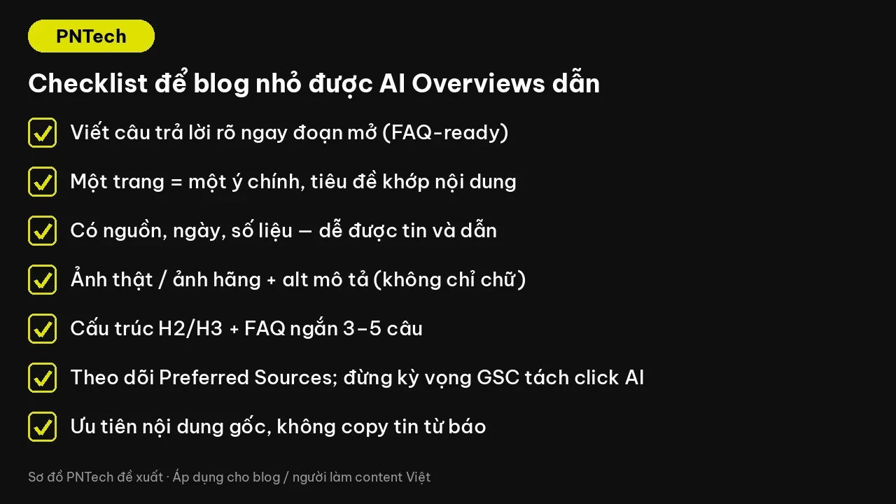 Checklist để blog nhỏ được AI Overviews dẫn nguồn và có cơ hội nhận click